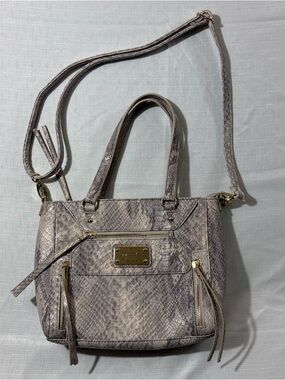 Nicole Miller Taupe Snake-Embossed Shoulder Bag with Gold Hardware